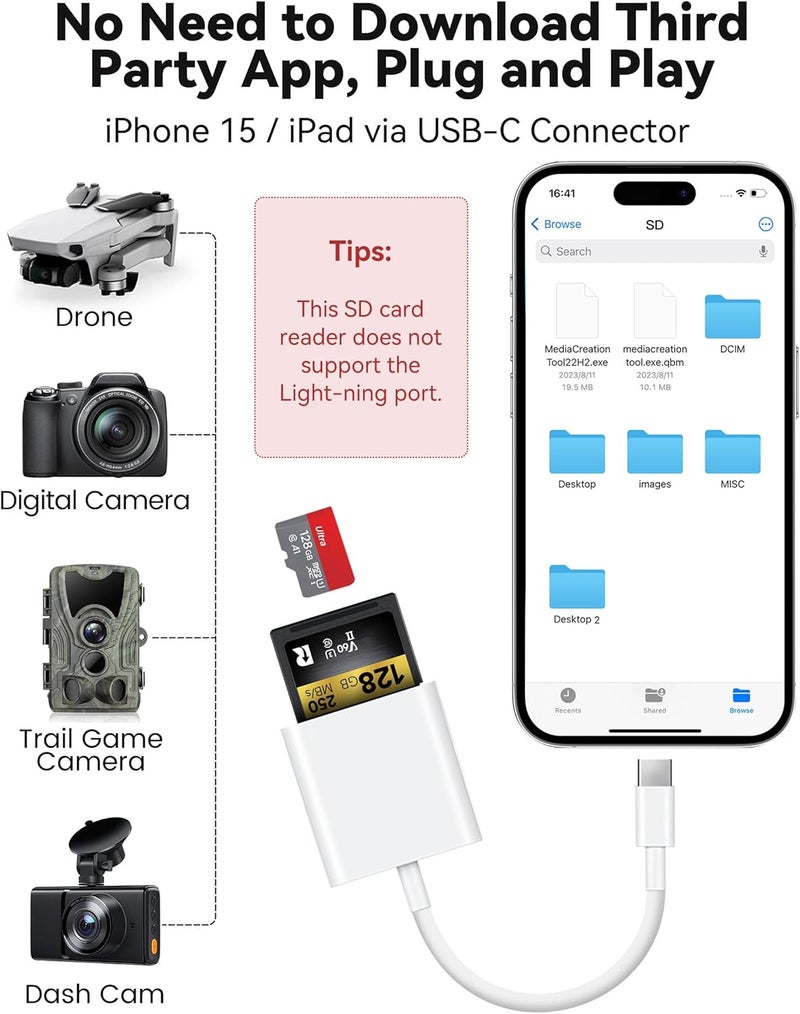 xdgeLoad USB C SD Card Reader for iPhone 15 16/iPad/MacBook/Mac, USB-C Type C SD Reader Supports SD and MicroSD Memory Card Adapter, Trail Camera Viewer Plug and Play - 2 Slots - Image 3